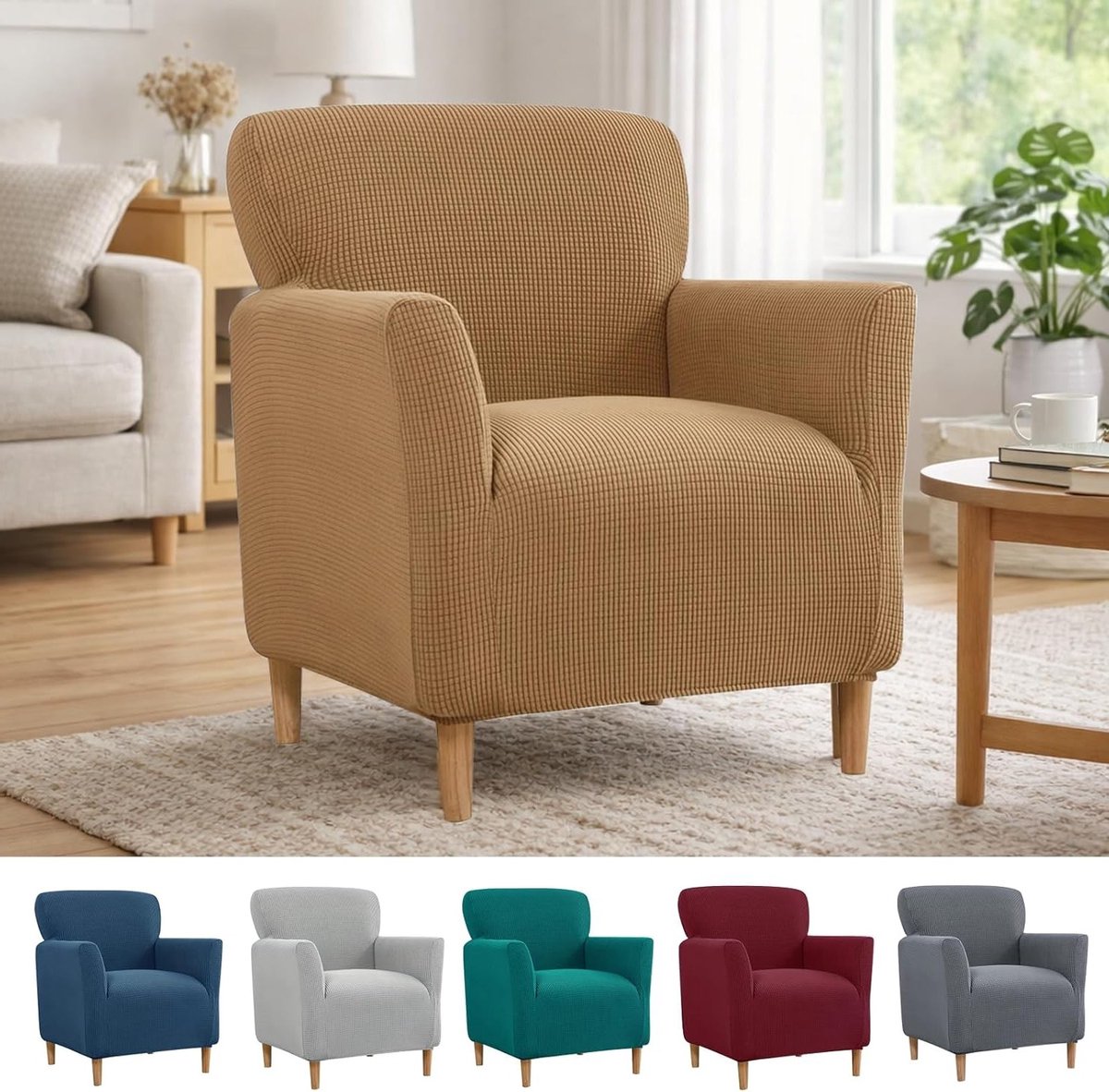 Elastische 1-zits fauteuilbeschermer, jacquard bankovertrek, afneembaar en universeel, ideaal voor huisdieren en bescherming tegen vlekken, camel