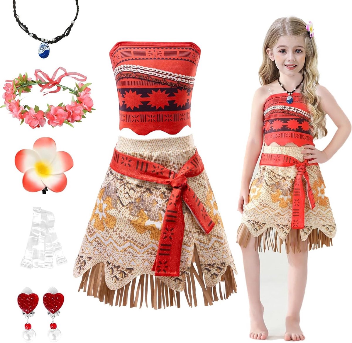 Kindercostuum Vaiana voor Meisjes met Bloemenkroon, Haarclip, Ketting en Oorbellen - Perfect voor Kerst, Halloween en Carnaval