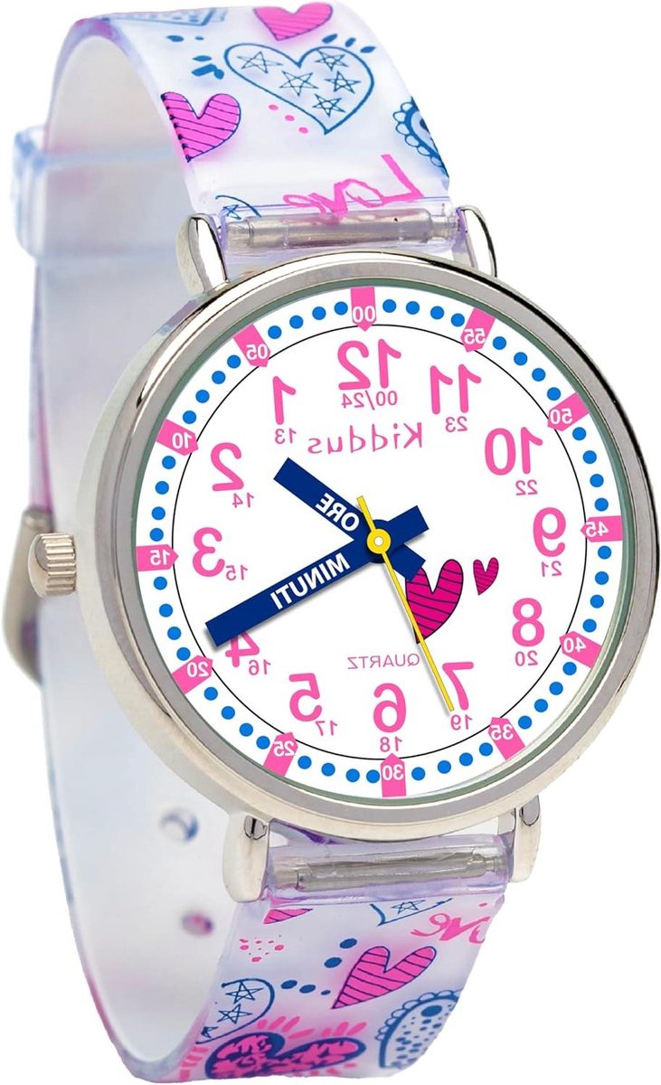 Kinderhorloge Leren - Kindertijd Klok - Tijd Leren Lezen - Gekleurde Uren Cirkels - 12-18 cm Pols - Blauw