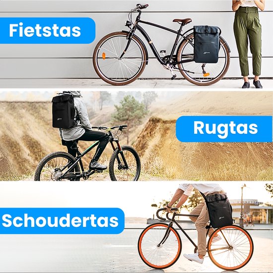 Drie afbeeldingen van de NAYD tas: als fietstas, als rugzak op een mountainbike, en als schoudertas.