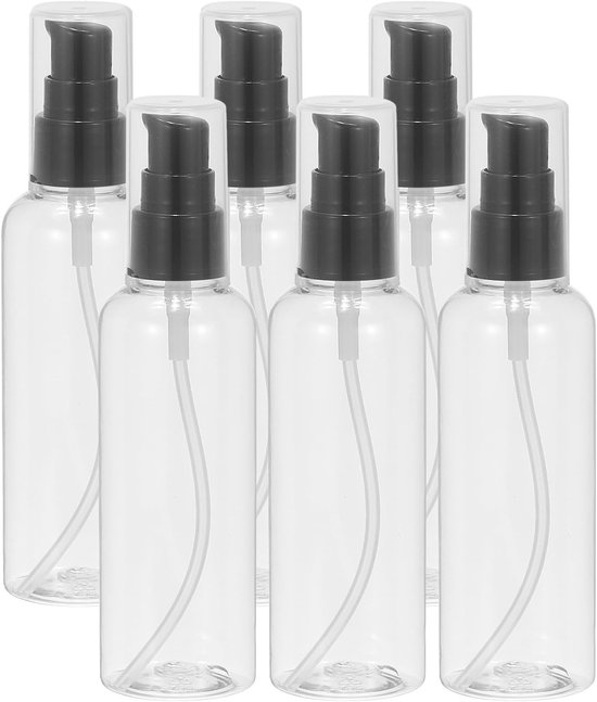 Travel Pump Bottles - 6pcs - 3.4oz - 100ml - Leakproof - Refillable - Empty Dispenser Container - Squeeze Bottle - Pump - Shampoo - Toiletries - Lotion - Cream - Clear