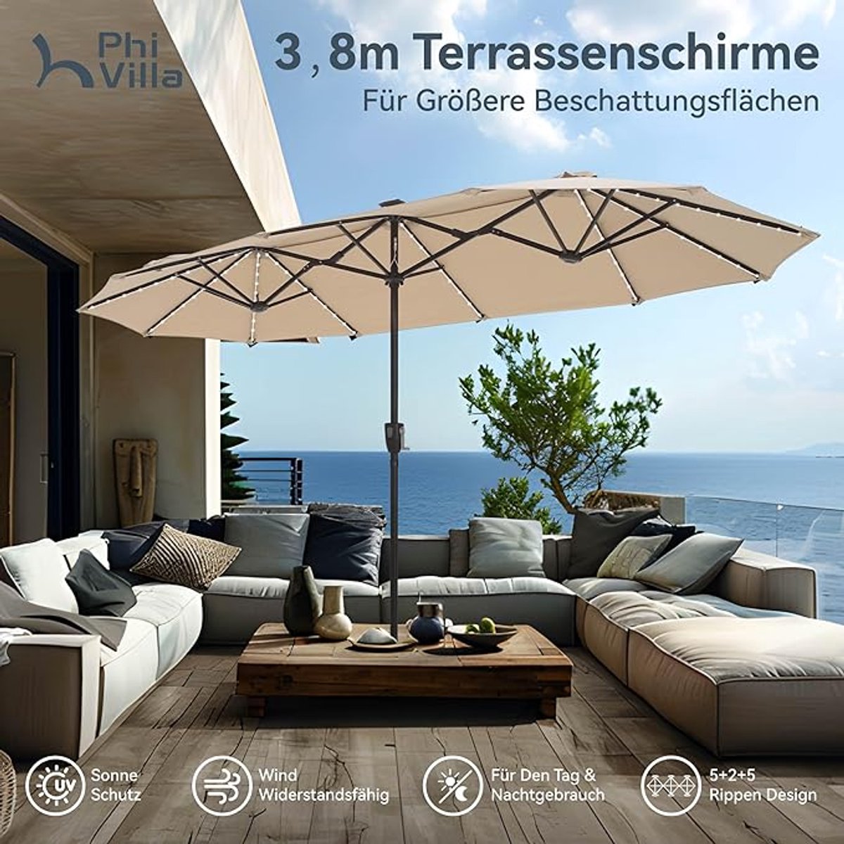 Rechthoekige Tuinparasol 200x380 cm XXL met LED Verlichting – UV-bescherming, Waterafstotend, Windbestendig, Dubbelzijdig Design, Met Zwengel – Beige/Zwart – Nicolehome