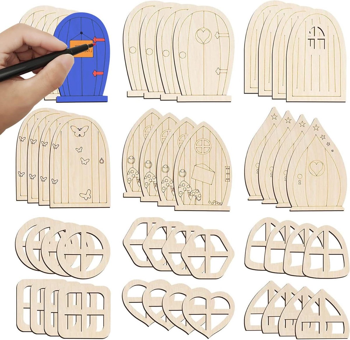 Miniatuur deuren - Feeëndeurtjes set - Sprookjes tuin decoratie - Ongeverfd hout - 48 stuks - Houtkleur