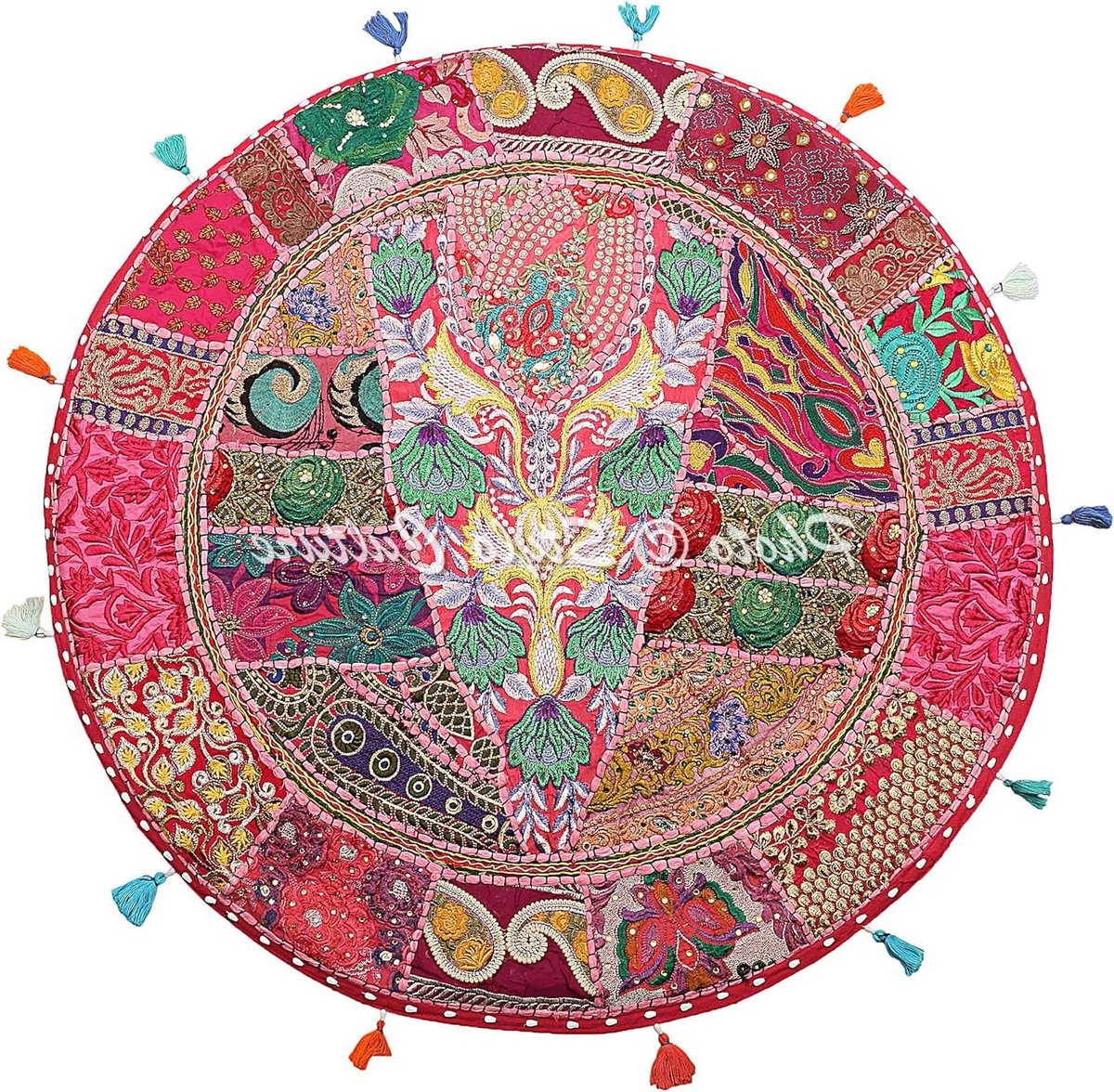 Ronde vloer kussenhoes - Boho poef cover - Ontspannen zitten - Uniek patchwork design - 80x80 cm - Roze