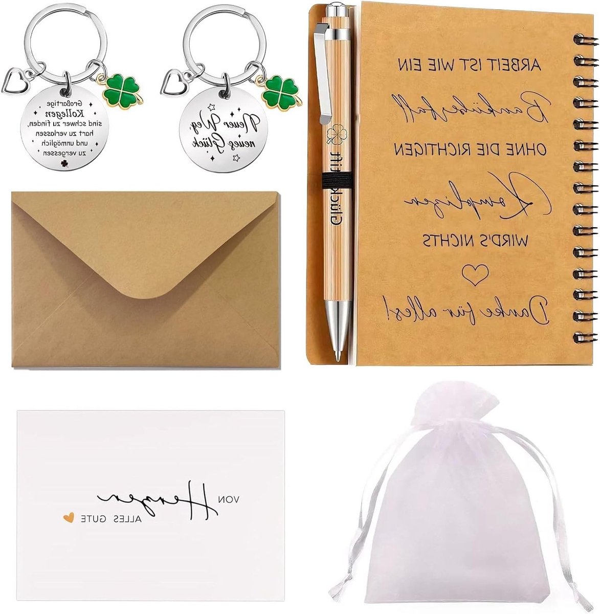 Ideale afscheidscadeauset voor collega's – Inclusief notitieboek, pen, envelop, kaart, sleutelhanger en cadeauzak – Perfect voor op kantoor, school of als persoonlijk gebaar