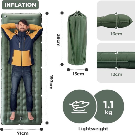 Camping Matras met Voetpomp & Kussen - Opvouwbaar Matras - Vouwmatras - Camping Matje - Slaapmat - Logeer Matras - Luchtmatras - Kampeer Matras - Camping Bedje - TPU - 197 × 71 × 12 cm - Groen - van Imperatoris van Camping — afbeelding 3