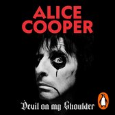 Zwart-wit portret van Alice Cooper met kenmerkende oogmake-up, rode tekst 'ALICE COOPER' en titel 'Devil on my Shoulder'.