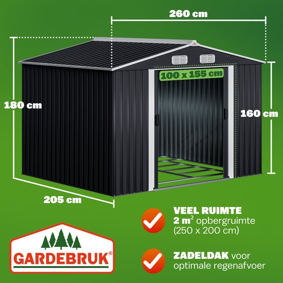 Zwarte metalen berging met zadeldak, afmetingen 260x205 cm. Biedt 5m² opbergruimte.