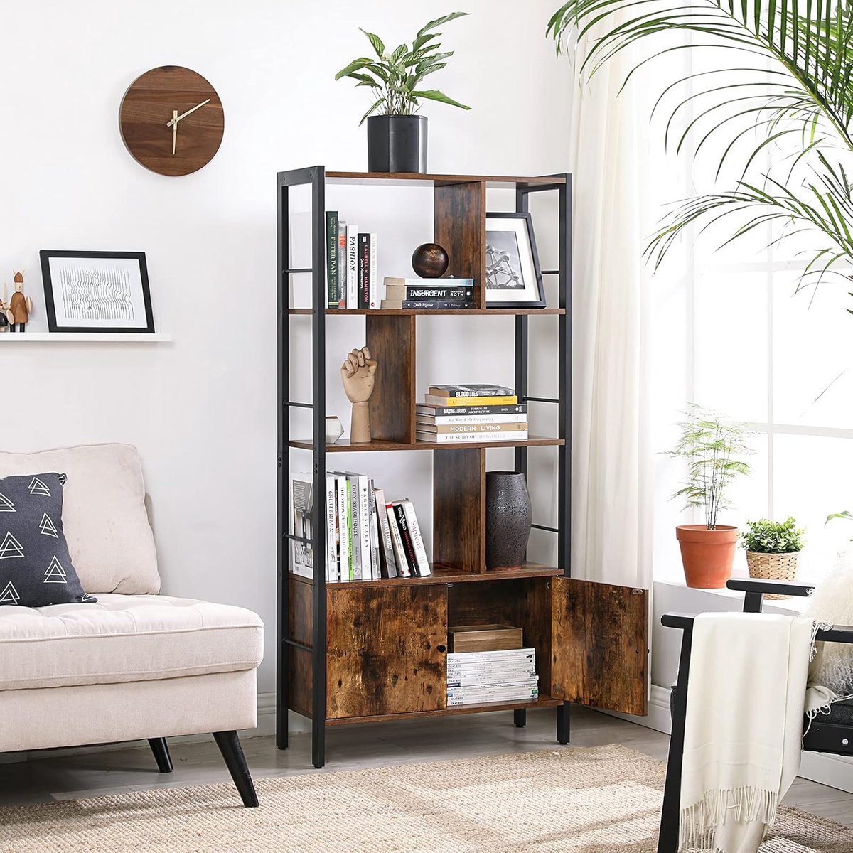 Boekenkast – 4 Planken Industriële Moderne Staande Kast met Stalen Frame en Hout – 154,5 cm Hoog – Ruimtebesparende Open Boekenkast voor Woonkamer, Keuken & Kantoor – abtkantoor