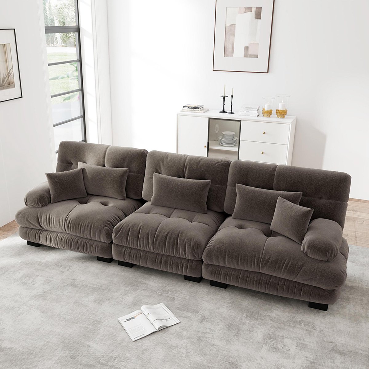 BLACKCOLORS Modulaire hoekbank met 3 zitplaatsen en diepe zitting, comfortabele en gestoffeerde slaapbank van chenille voor woonkamer, appartement, studio, kantoor, chenille bruin