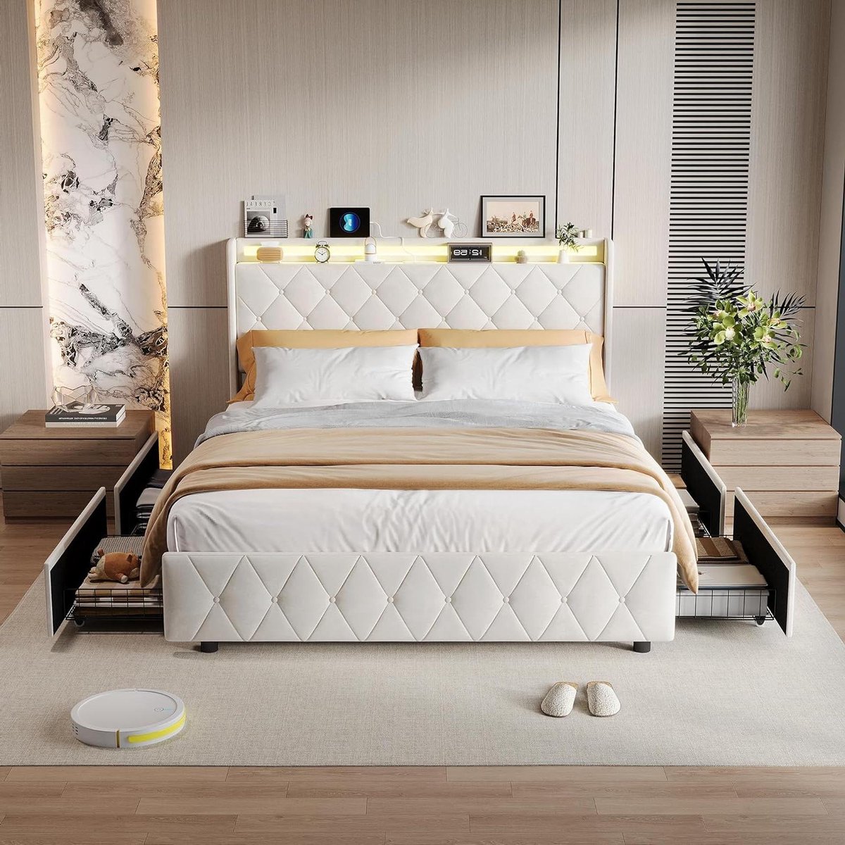 Bed met opbergruimte - Ladenbed met hoofdbord - Slaapkamer organiseren - Geïntegreerd hoofdeinde - 140 x 200 cm - Beige