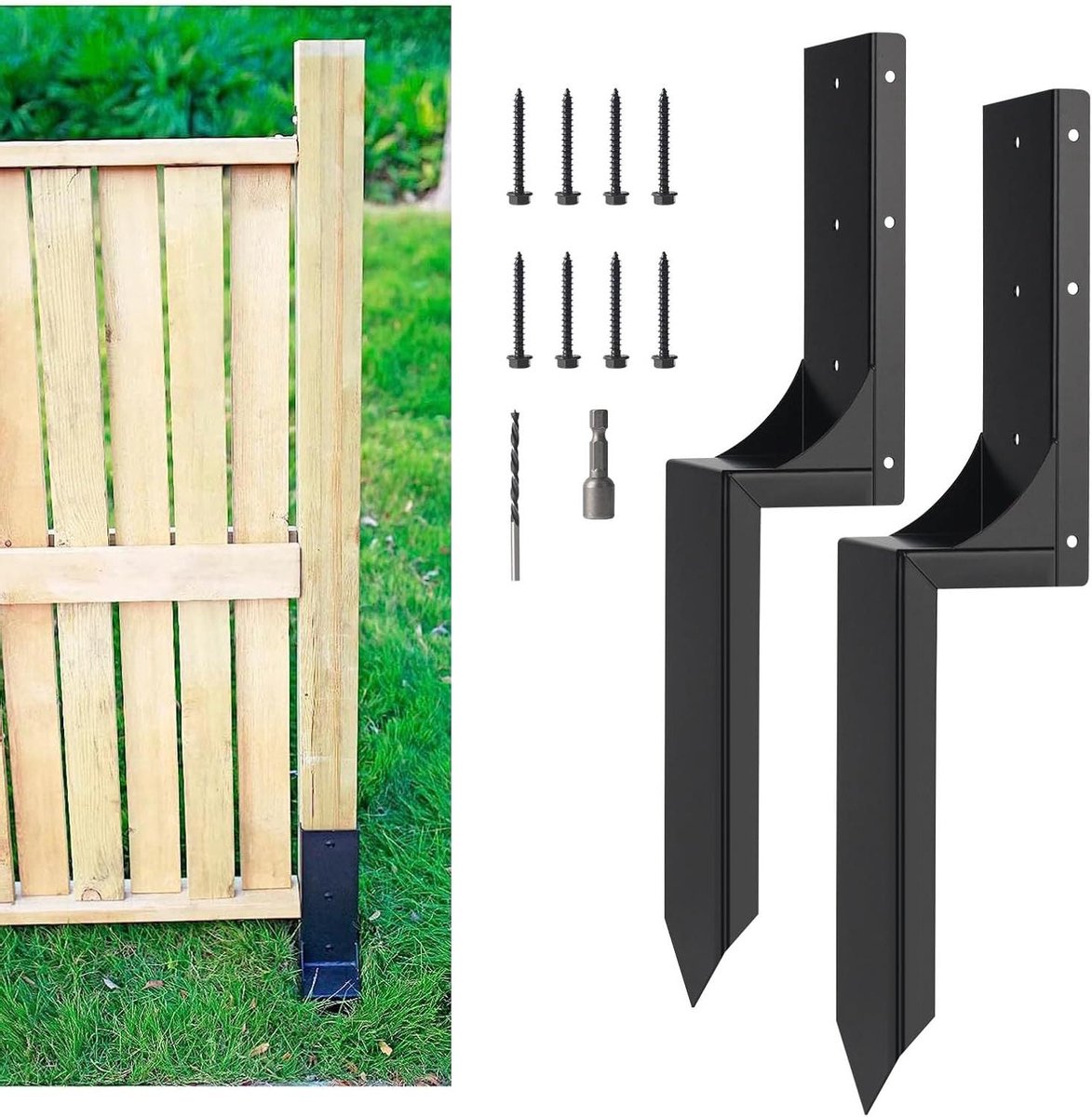 Hekpaal Reparatie Set - Paalanker Grondpen - Hekken Stabiliseren - Versterkt Gekantelde Palen - 2 Stuks - Zwart