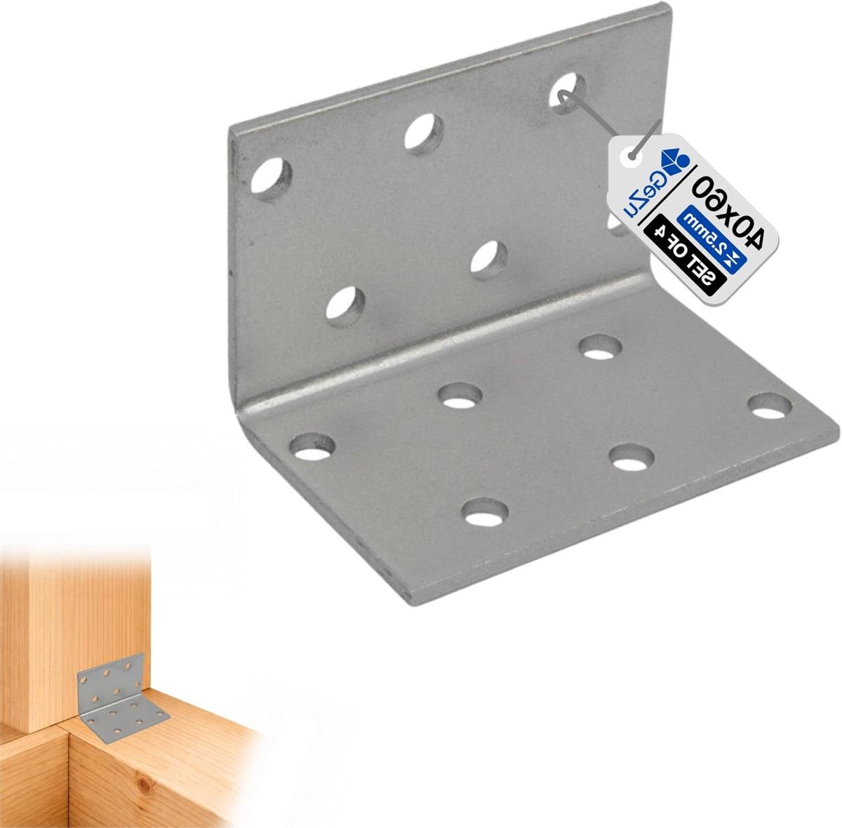 Hoekijzers Verzinkt - Verbindingshoek - Hout Verbindingen - Perforatie voor Flexibele Montage - 40x40x60mm Set 4 - Zilverkleurig