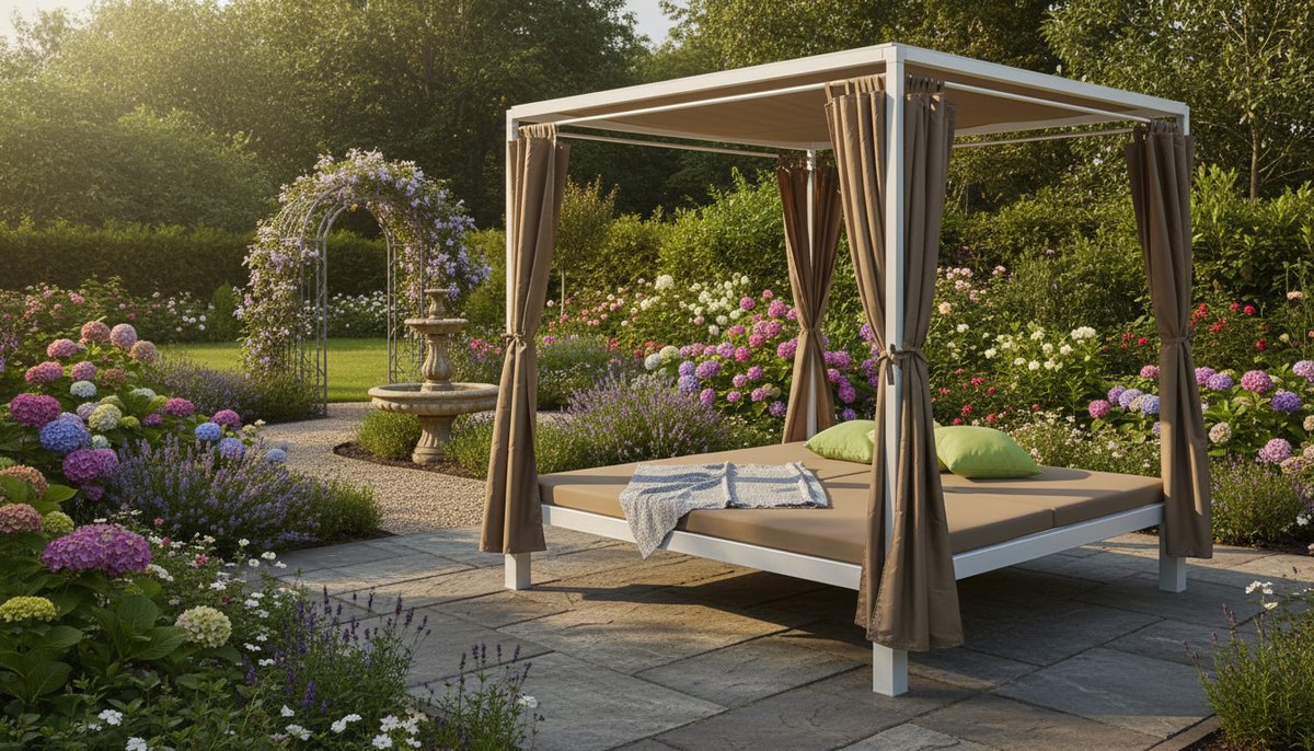 Ligbed Sun Island Lounge Gazebo XXL Double Garden Daybed – Outdoor Lounger with Roof, Privacy Curtains & 8 cm Cushions – Waterproof Steel Frame 350 kg – 188x205x208 cm – Taupe – abtkantoor