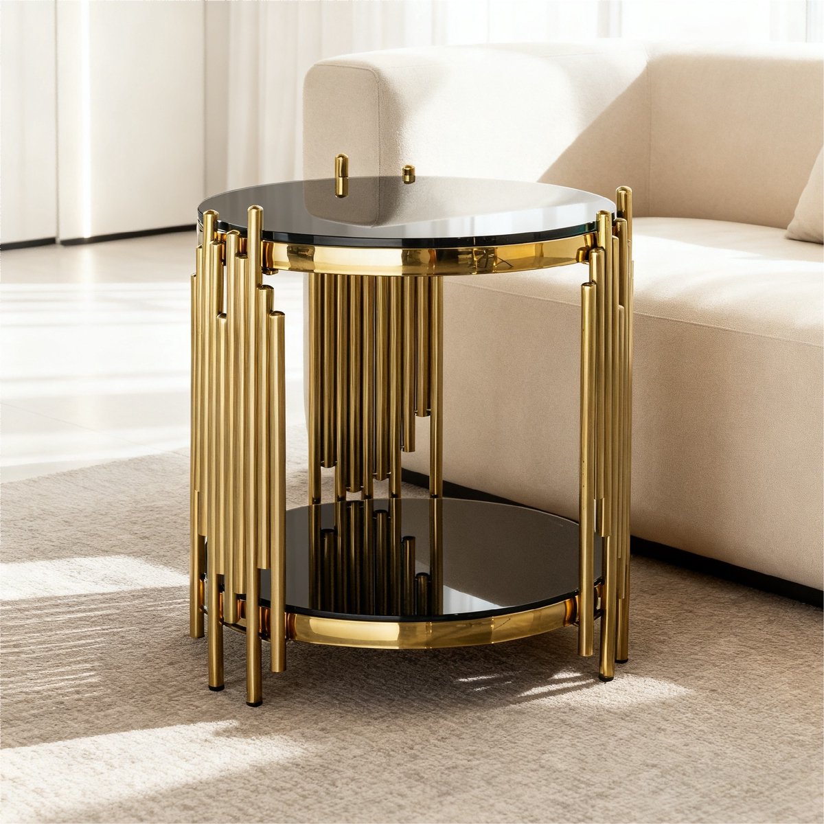 PHOEBE CAT Salontafel - Ronde bijzettafel - Ø 45 cm - Glazen blad - Metalen frame - Zwart + Goud