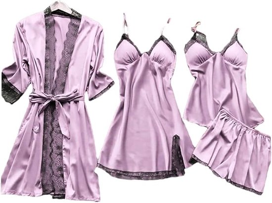 Dames Pyjama Set 4-delig - M - Zijdeachtig en Zacht - Badjas met Kantafwerking en Strikje - Korte Badjas, Camisole en Short - Paars - Comfortabel voor Dagelijks Draaggevoel