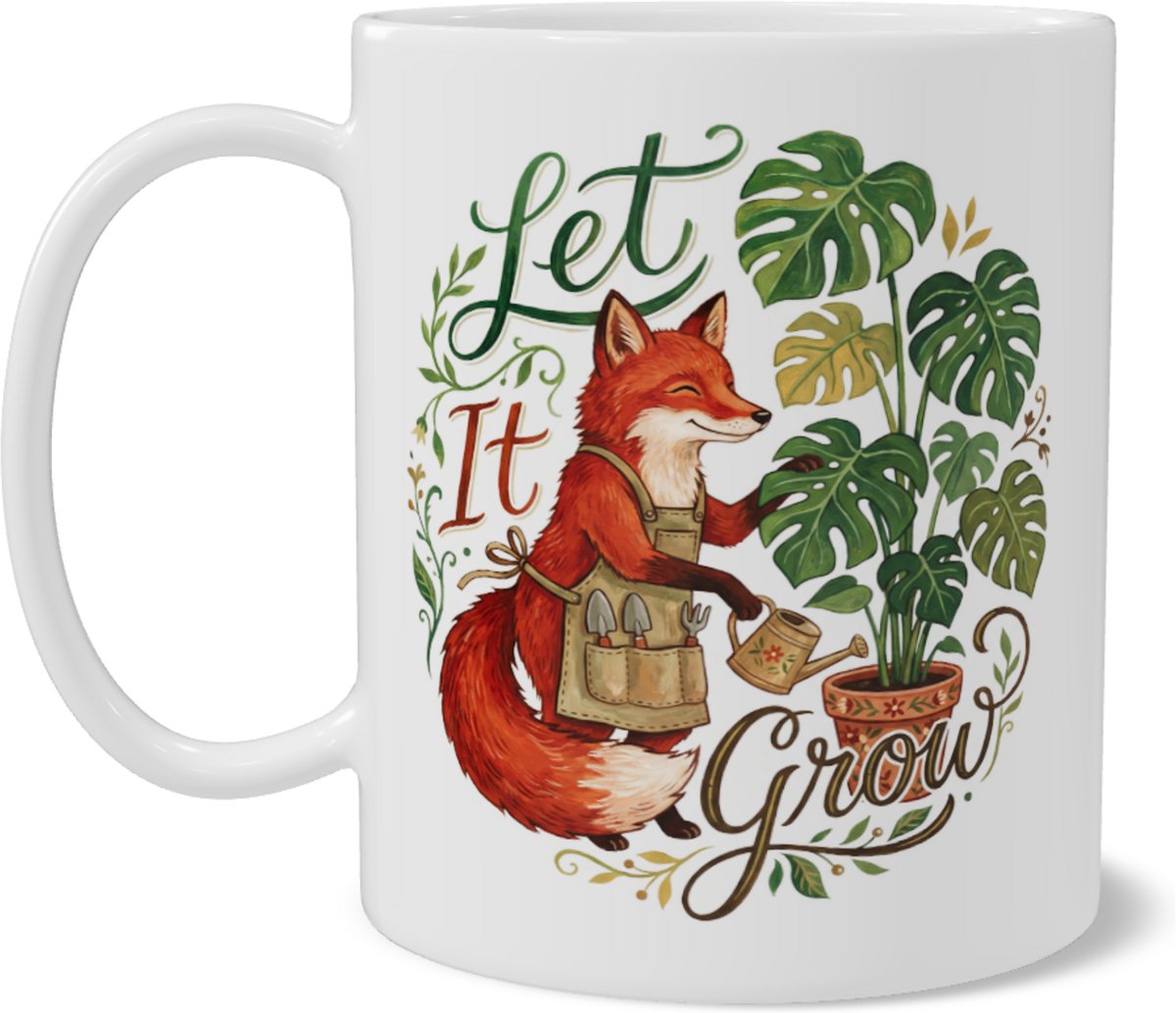 Mok met illustratie van schattige vos in tuinschort met gieter en groene Monstera gatenplant - Let It Grow quote - Grappig en sfeervol botanisch cadeau voor tuinliefhebber, plantenmoeder of dierenliefhebber
