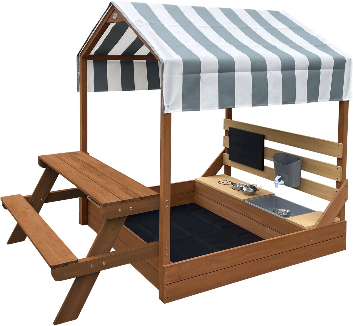 AXI Bo Zandbak & Speelhuisje 159 x 105 cm met Speelkeuken en Picknicktafel Bruin – FSC hout – Met Krijtbord en 6-delig Zandbak Accessoireset – Inclusief afdekzeil en gronddoek – 10 jaar garantie — afbeelding 9