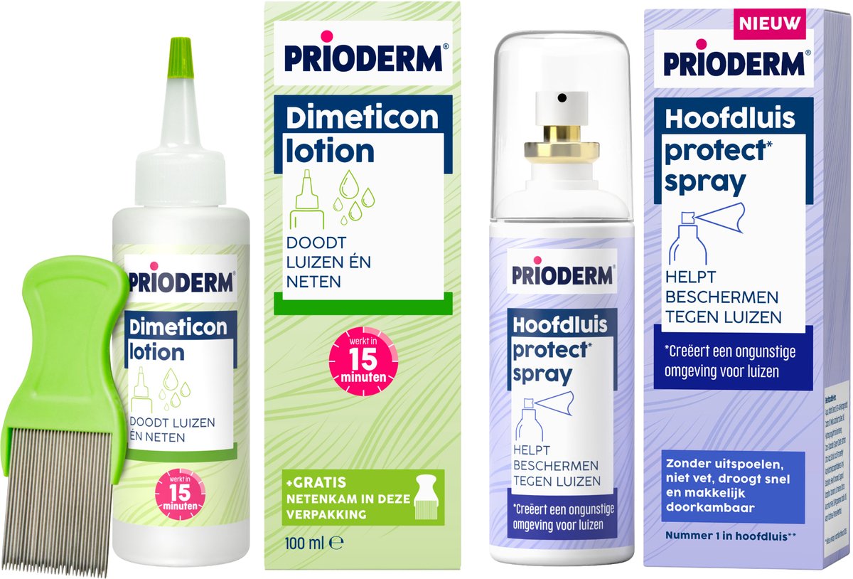 Prioderm Hoofdluis bestrijdingspakket - Dimeticon Lotion + Protect* Spray - Complete Behandeling en Bescherming - 2 x 100 ml