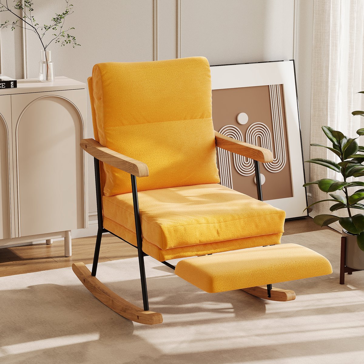 Schommelstoel met Voetensteun – Geelbruin – Katoen-Linnen – Comfortabele Wiegstoel voor Woonkamer, Slaapkamer & Kantoor