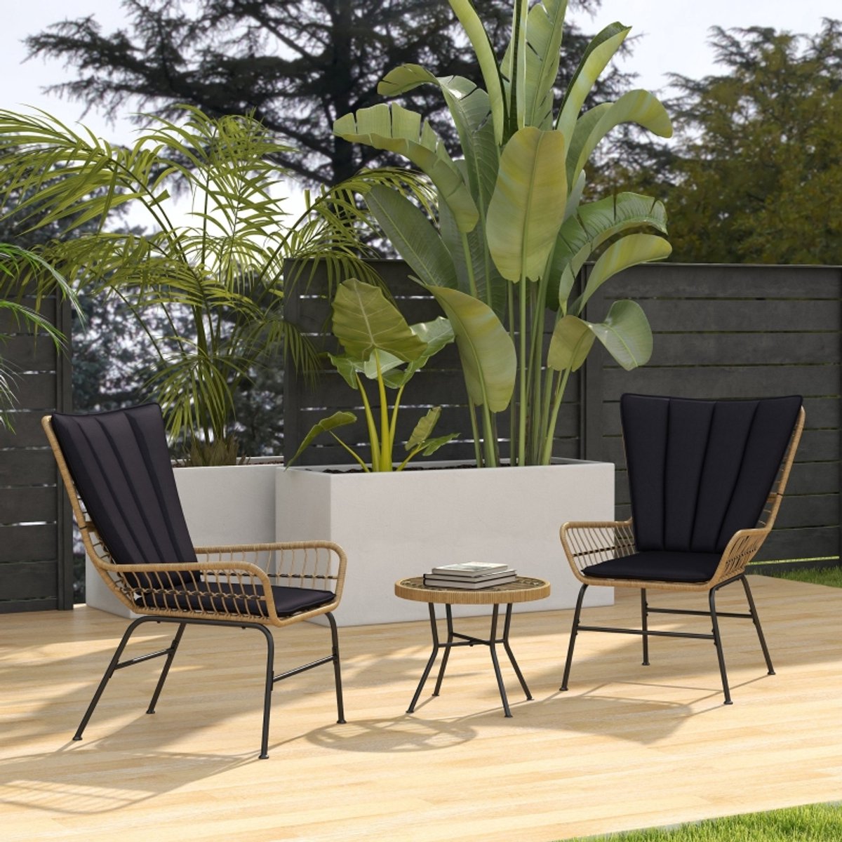 MODENUIT Bistroset 3-Delig 78 x 68 x 95 cm - Met Glasplaat en Kussens - Voor Tuin en Balkon - Rotan Zwart