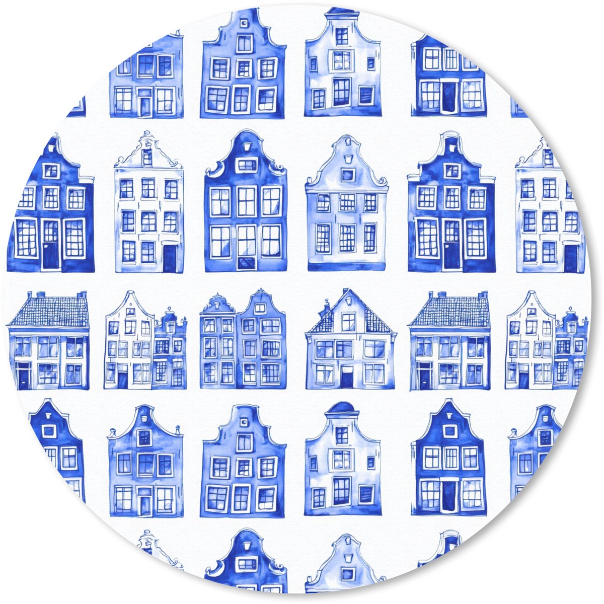 Muismat rond 30x30 cm - Mousepad Patroon - Huizen - Blauw - Ronde muismatten