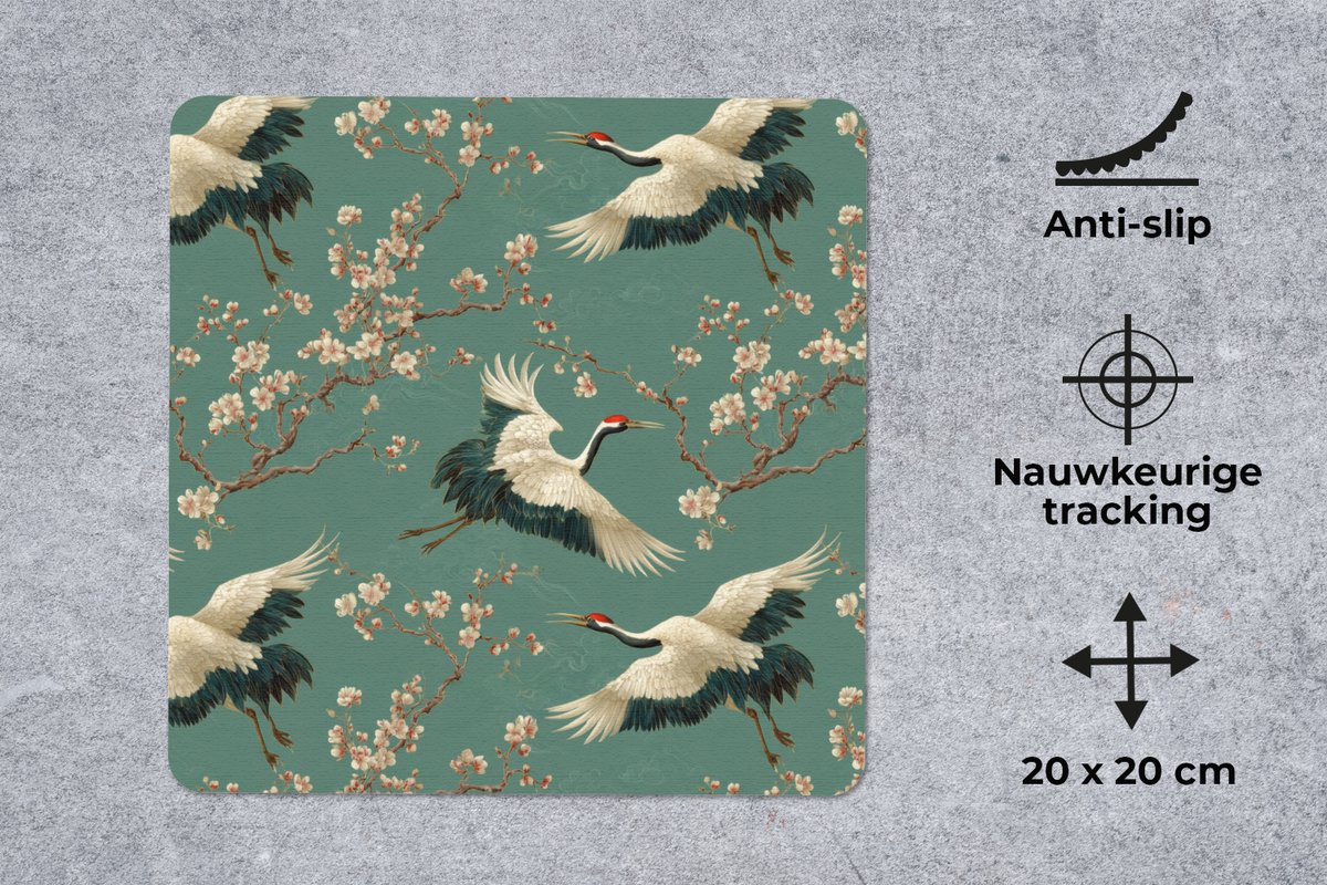 Muismat 20x20 cm - Mousepad Kersenbloesem - Kraamvogels - Groen - Muismatten