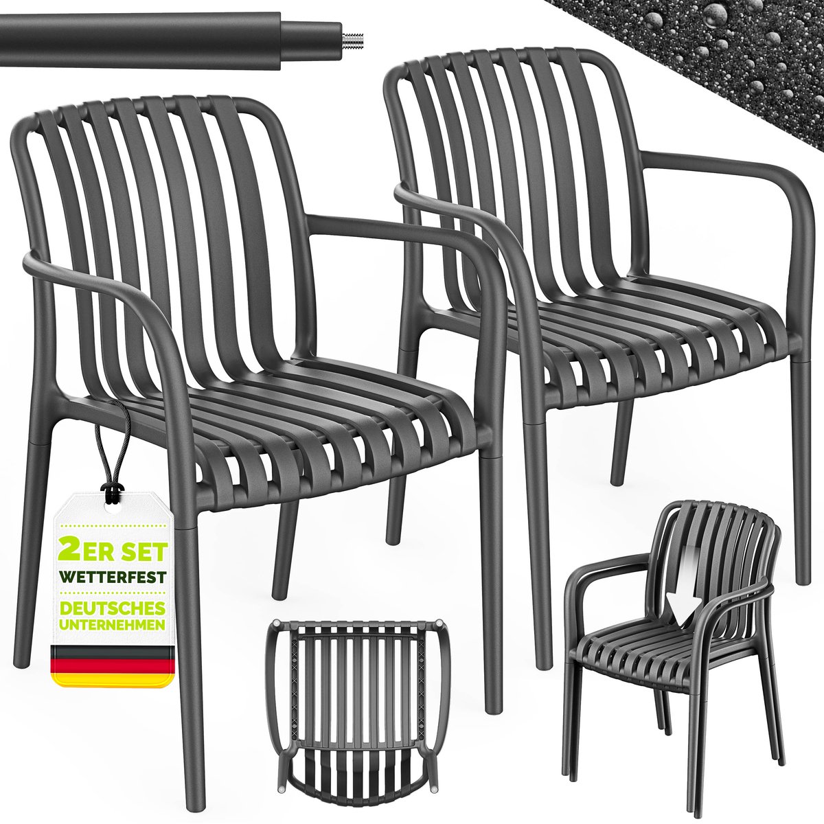 tillvex® Tuinstoelen 2-delige Set Stapelbaar Weerbestendig met Armleuning | Outdoor Stoelen tot 120kg Belastbaar | Tuinstoelen Outdoor | Terrasstoel Tuinmeubelen Balkon Tuin Terras
