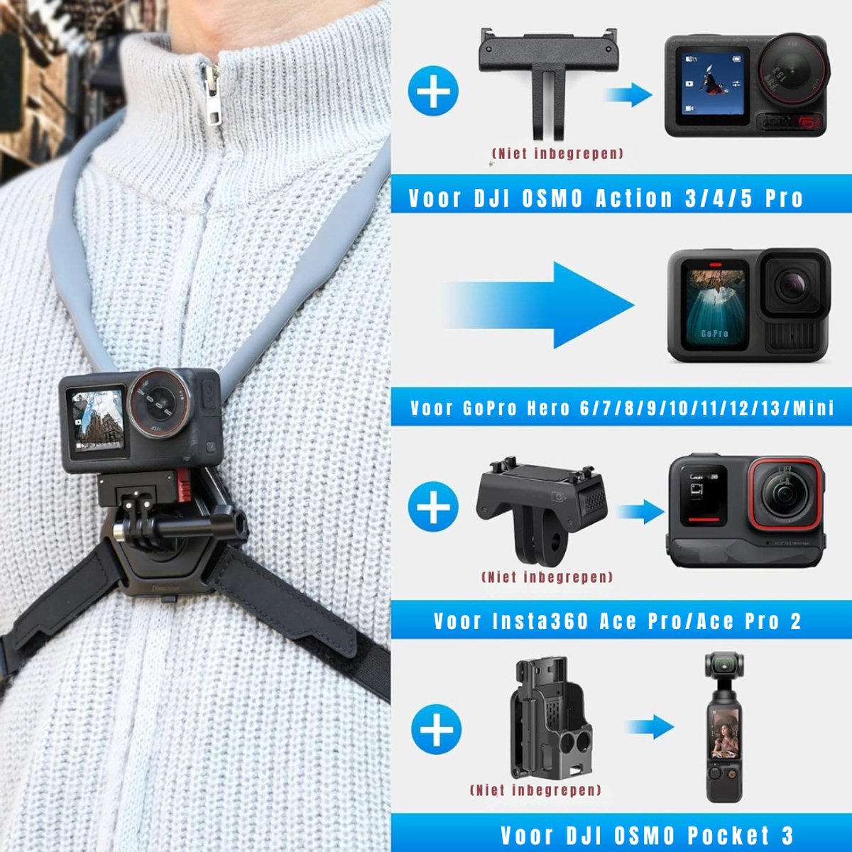 Core® Bodycam met Harnas - Bodycam Camera - Bodycam - Handenvrij POV voor GoPro Hero 13/Insta360 - voor First-Person VLOG- Grijs/ Zwart- 33cm x 21cm x 4cm; 239 g thumbnail 3