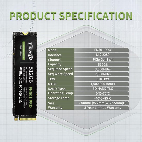 Interne SSD - Solid State Drive - Snellere Computer - PCIe Gen3 x4 - 512 GB - Zwart van Merkloos — afbeelding 2