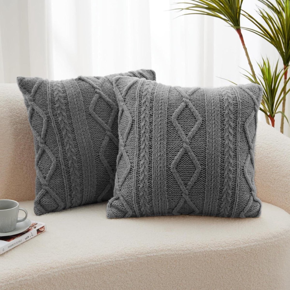 Sierkussenhoezen Set - Decoratieve Kussenslopen - Woonkamer Aankleden - Handgebreid Dik Garen - 45 x 45 cm - Grijs