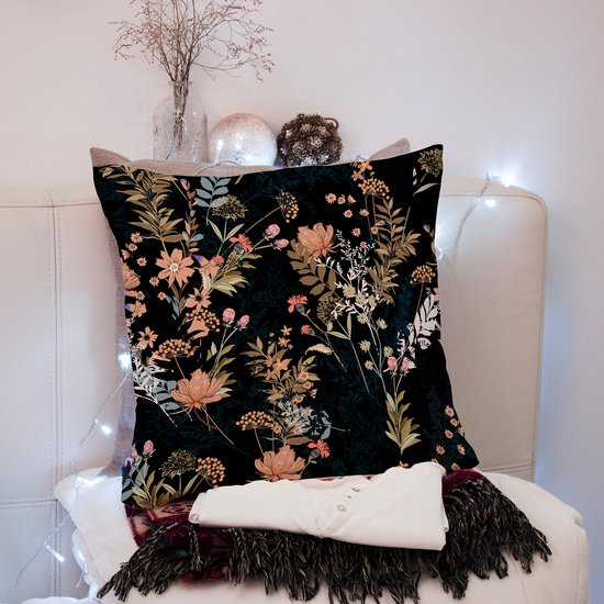 Housse de Coussin Velours - Fleurs sur Zwart - 45x45 - Taie d' Kussensloop - Imprimée 2 faces