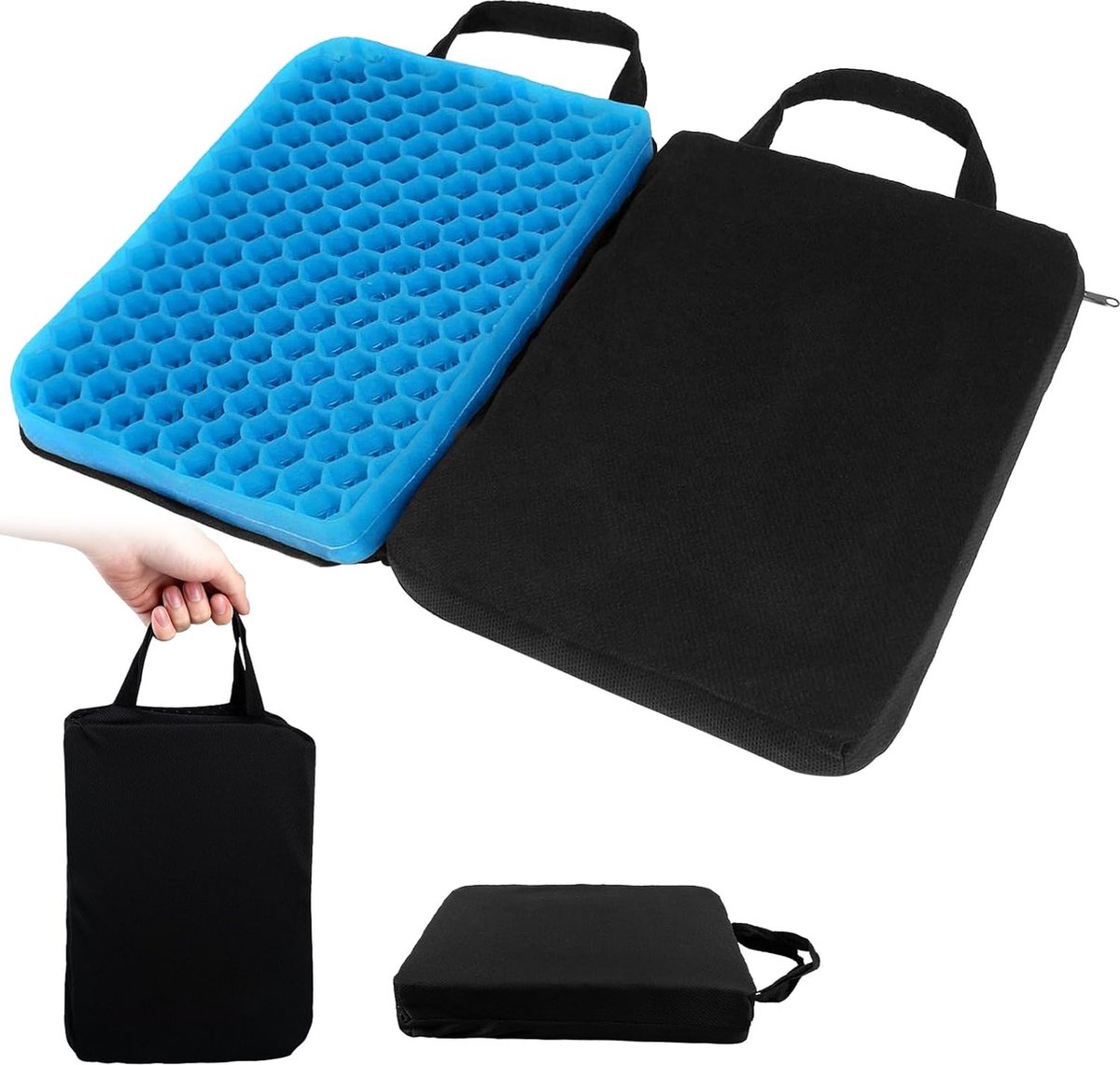 JGS ® Ergonomisch Opvouwbaar Gel Zitkussen voor Auto, Vliegtuig en Rolstoel Comfort zwart