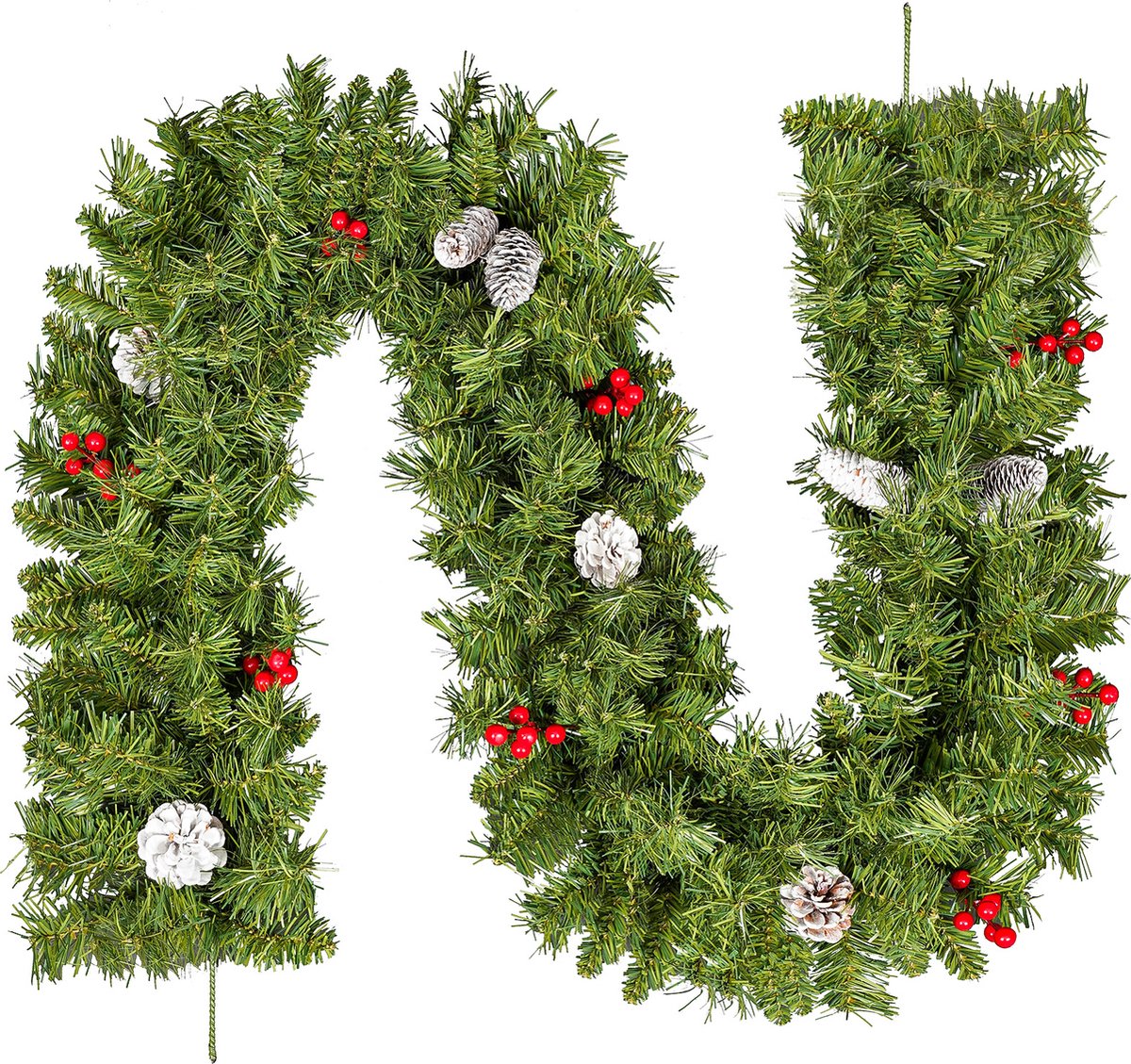 Uten Luxe Uitvoering Guirlande Met 12 Dennenappels en 12 Rode Besjes - Kerstslinger- guirlande kerst - kerstguirlande - 240 Aantal takken - L 270 cm - 2 stuks - Groen