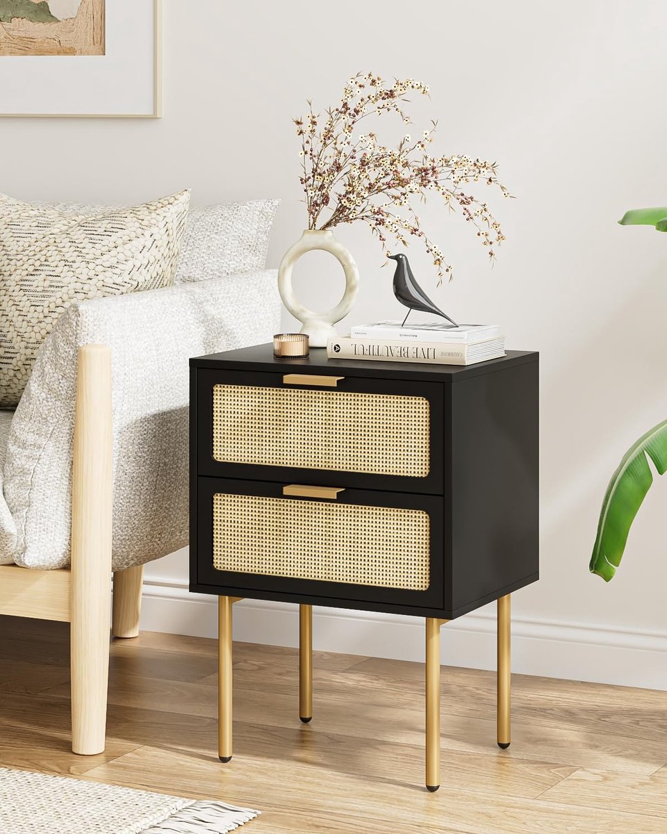 Goodivery ® Rattan Nachtkastje met Twee Laden en Gouden Frame voor Slaapkamer en Woonkamer