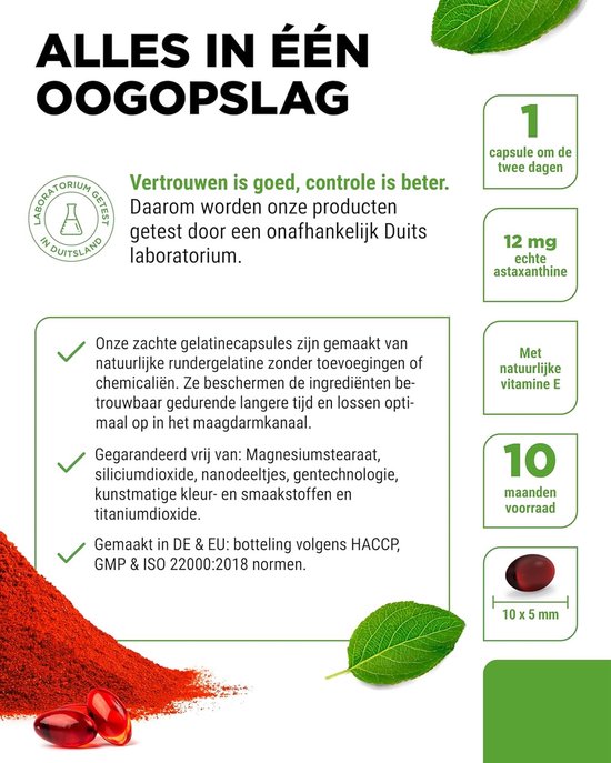 Vit4ever Astaxanthine 12 mg: 150 softgel capsules. Gemaakt in DE &amp; EU. Rode astaxanthinepoeder en capsules.