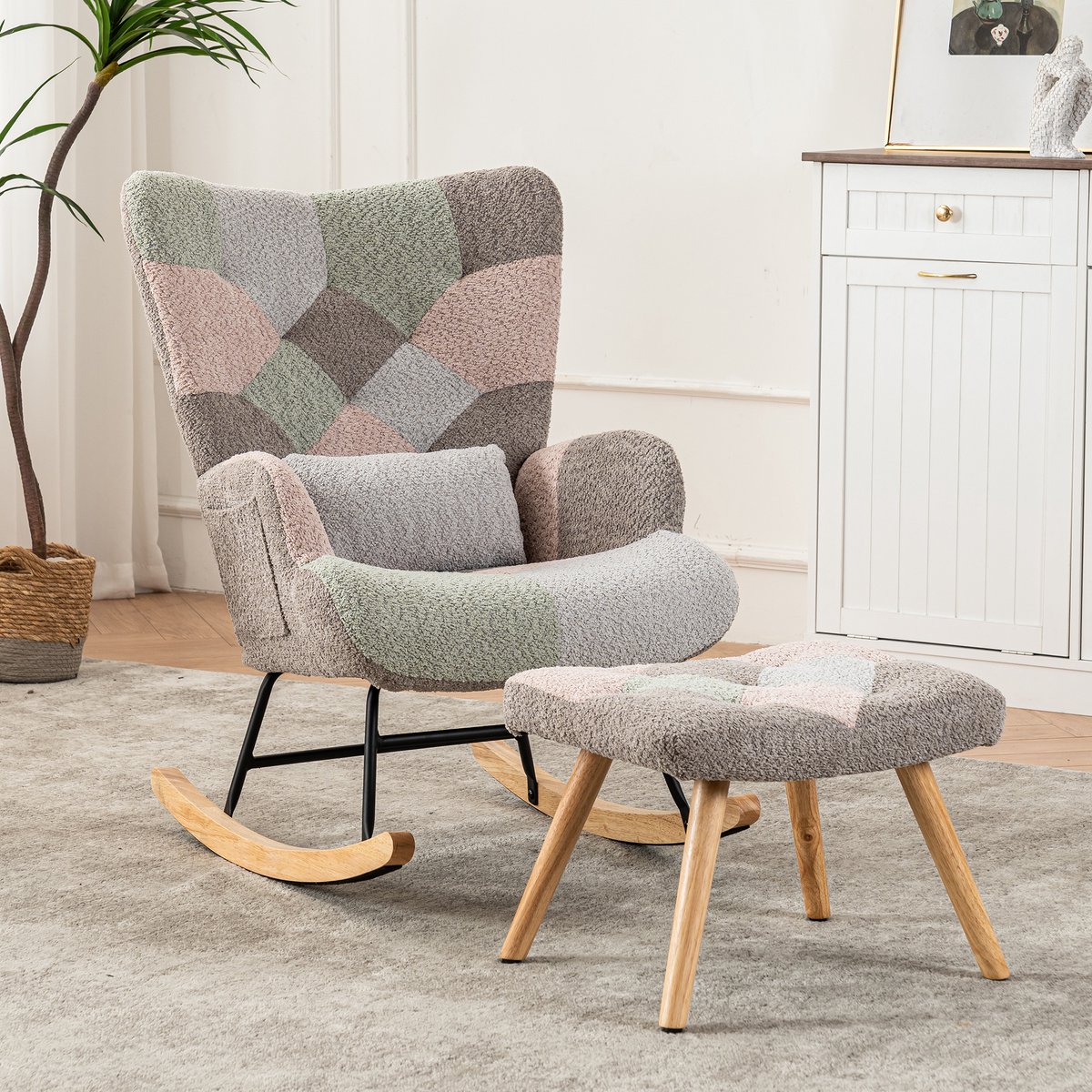 Sweiko Schommelstoel met voetenbank en lendenkussen, frame van rubberhout, veelkleurig design, loungestoel Kleurrijk