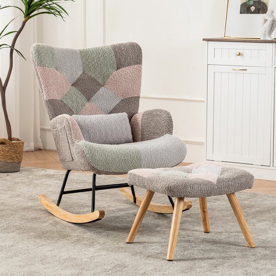 Foto: Sweiko schommelstoel met voetenbank en lendenkussen frame van rubberhout veelkleurig design loungestoel