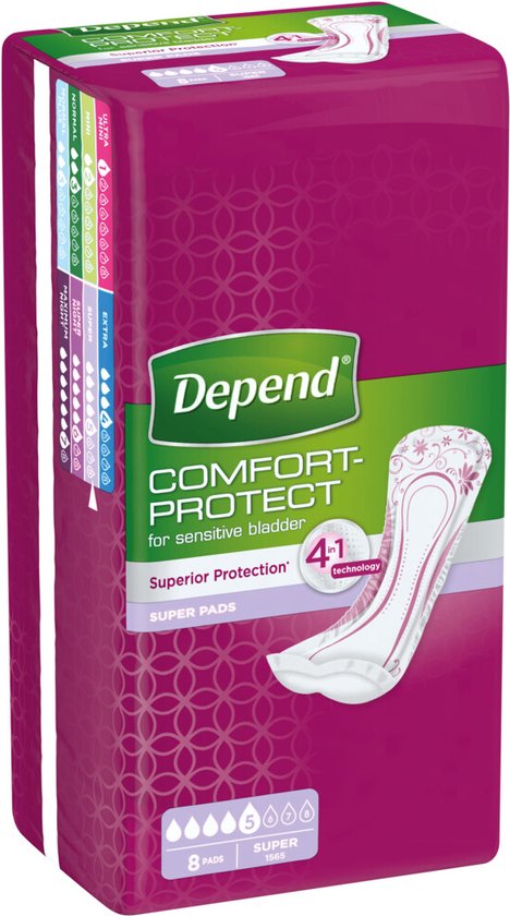 Pak met 8 stuks Depend Comfort-Protect Super Pads.