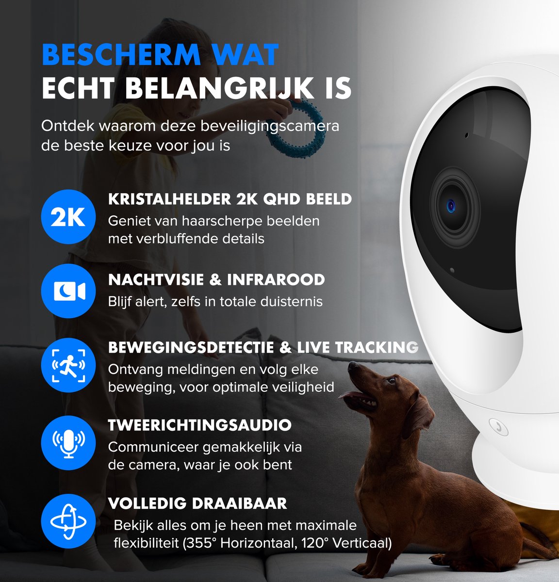 Afbeelding 2 van Quipted S2 Beveiligingscamera binnen - Huisdiercamera met app - Petcam - Hondencamera - Met WiFi APP - 2K 4MP Ultra HD - Volgt beweging en geluidsdetectie - Indoor Camera