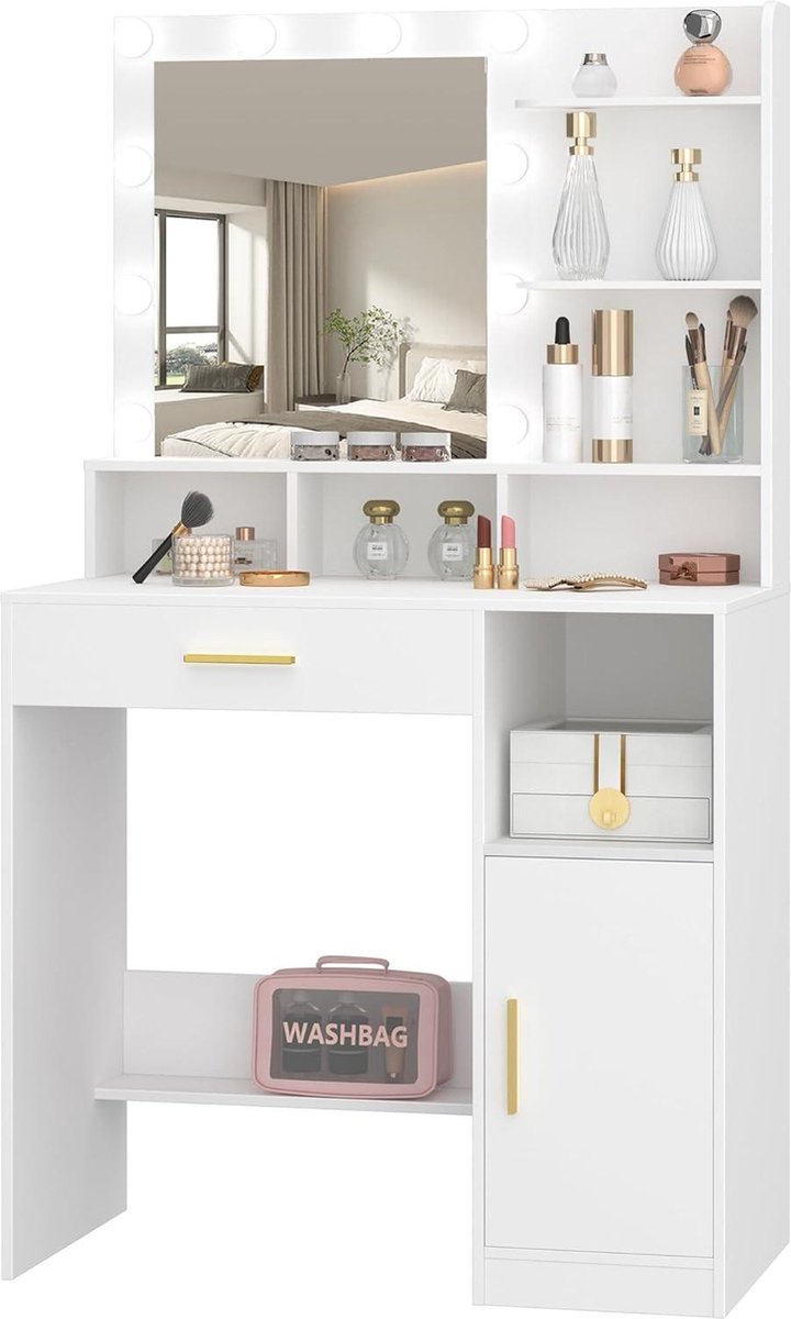 Hzuaneri Kaptafel met Spiegel en Led-Verlichting, Verstelbare Helderheid, Kaptafel met Planken en 2 Lades, voor Slaapkamer, Woonkamer, 40 X 80 X 149 cm, WitDT08203XV1 Hzuaneri Kaptafel met Spiegel en Led-Verlichting, Verstelbare Helderheid, Kaptafel met Planken en 2 Lades, voor Slaapkamer, Woonkamer, 40 X 80 X 149 cm, WitDT08203XV1