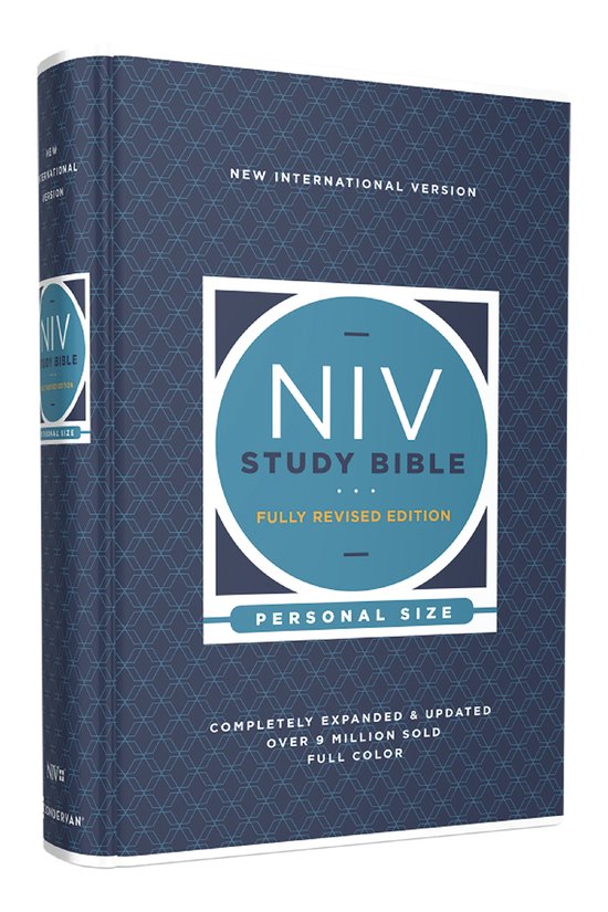 NIV Study Bible, Fully Revised Edition, format personnel, couverture rigide bleu foncé avec motif géométrique.