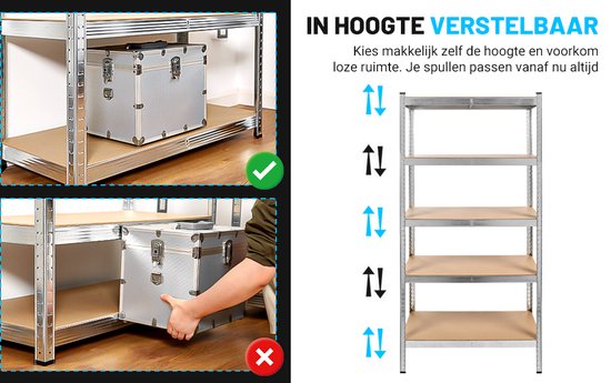 Relaxdays stellingkast, HxBxD: 180x60x45 cm, 500 kg, verzinkt staal, opbergrek voor kelder of garage, zilver