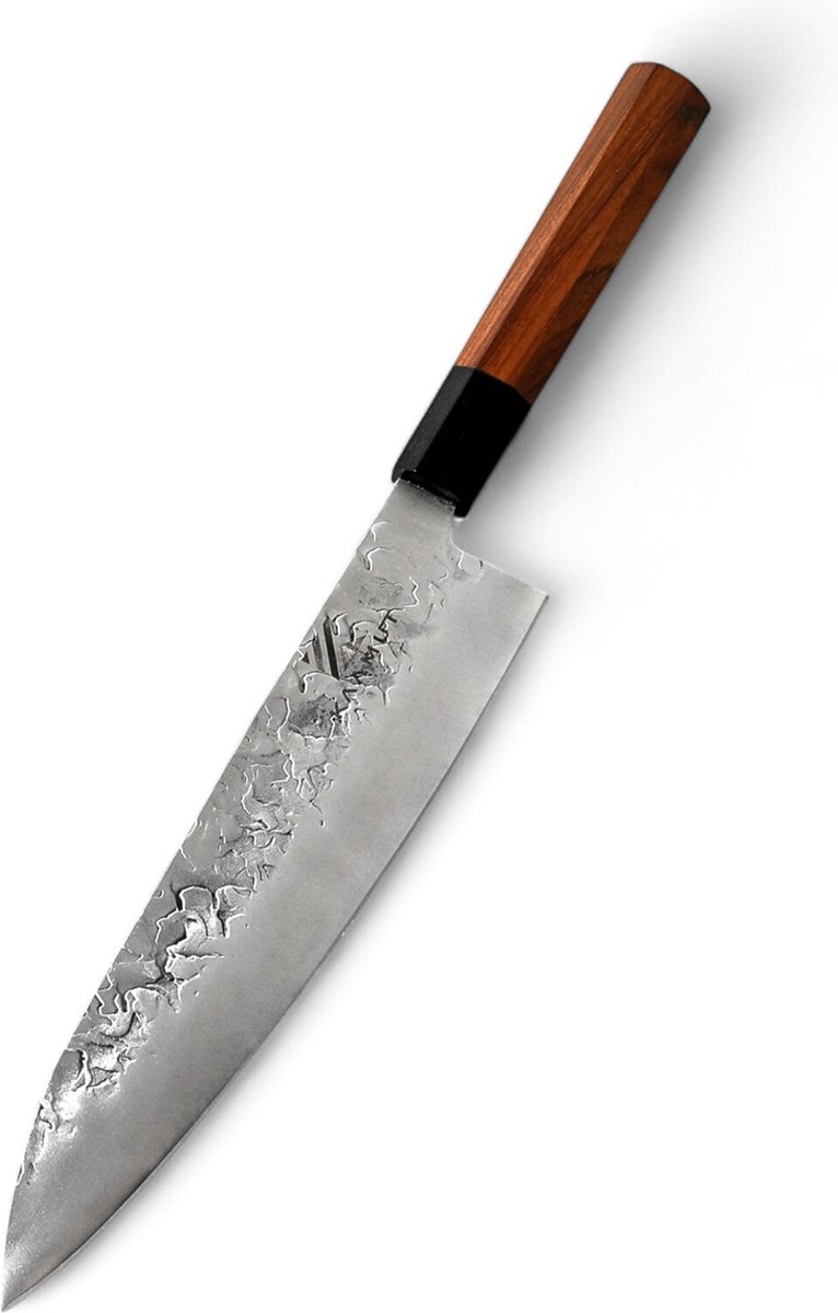 KAAMUT® Chefmes 21 cm Gehamerd Koolstofstaal – Vlijmscherp – Professioneel Koksmes – Massief Houten Handvat