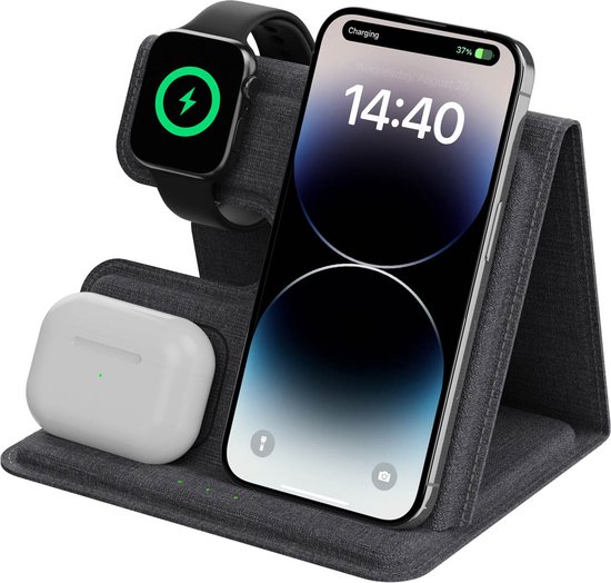 imoshion 3-in-1 Opvouwbare Draadloze Oplader - 15W Qi Oplaadstation - Foldable Wireless Charger - Geschikt voor o.a. iPhone, Samsung, Airpods & Galaxy Buds - Alleen geschikt voor Apple Watch - Grijs