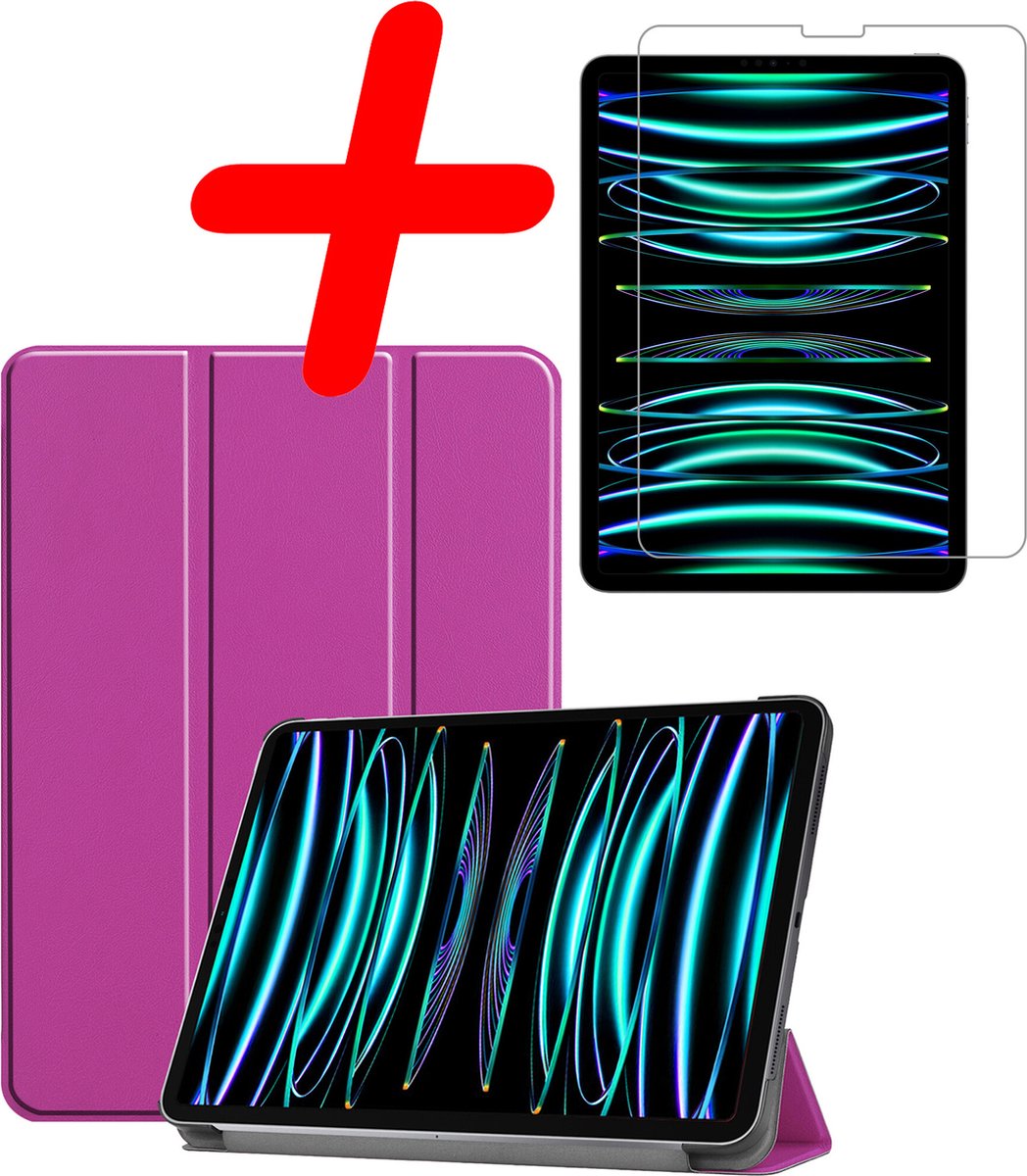 Hoesje Geschikt voor Apple iPad Pro (2022) - 11 inch - 4e generatie - Met Screenprotector - Trifold Bookcase - Hard Cover - Hardcover Book Case - Tablet Hoes - Paars