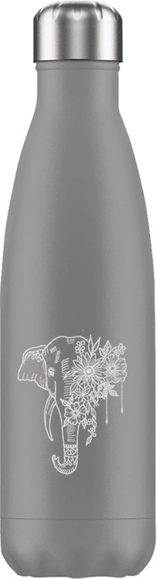 Grijze drinkfles met zilverkleurige dop. Versierd met een witte lijntekening van een olifantenkop omringd door bloemen.