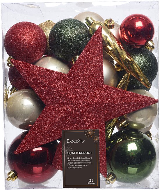 Decoris Kerstballenset - 33 stuks - Kunststof - met piek
