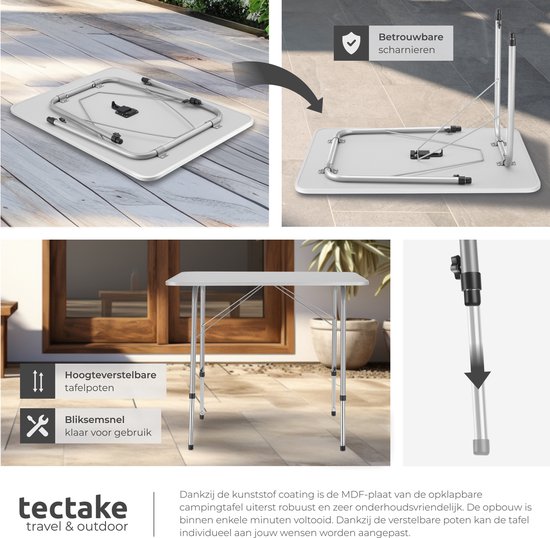 tectake® Campingtafel - 80 x 60 x 68 cm - Opvouwbaar - Draagbare Kampeertafel - Vouwtafel Buiten - Inklapbare Tafel - Weerbestendig - Grijs