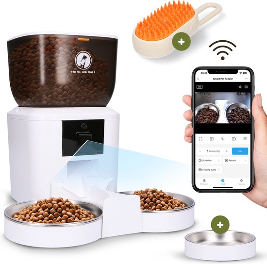 Prime AnimalZ elektrische Automatische voerbak dubbel met stoomborstel voor kat en hond - Voerautomaat Dispenser - Voerbak Kat Dubbel en Enkel - Met Camera - Full HD 1080-4L - Zwart